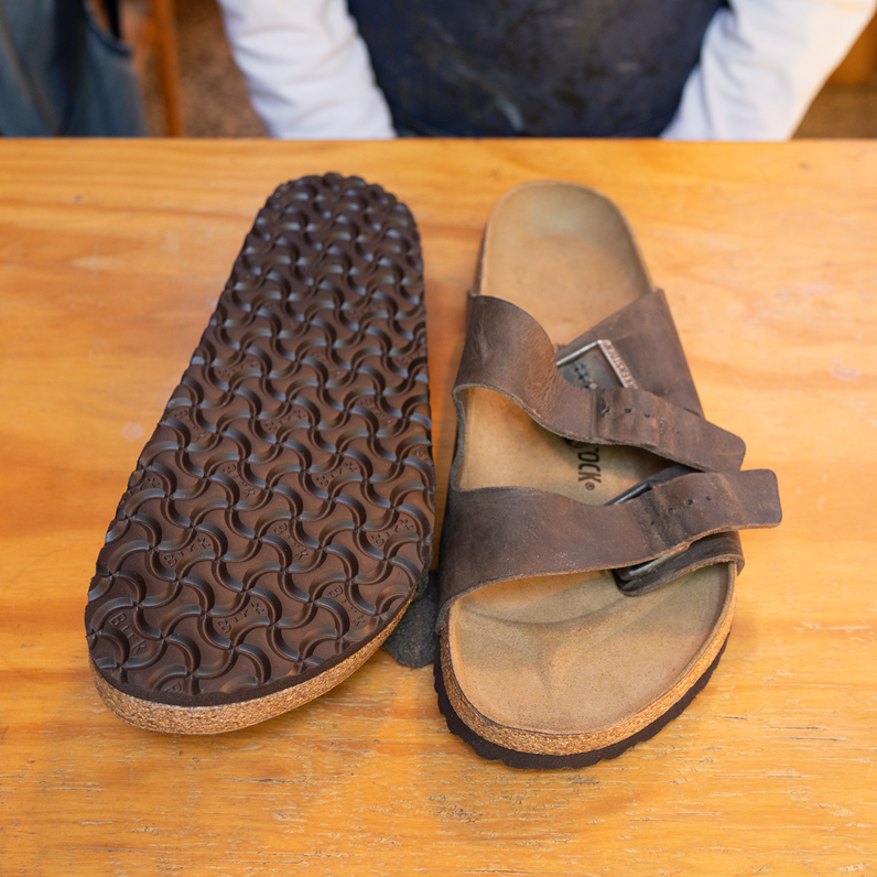 Birkenstock sandal with new sole and cork bed after repair